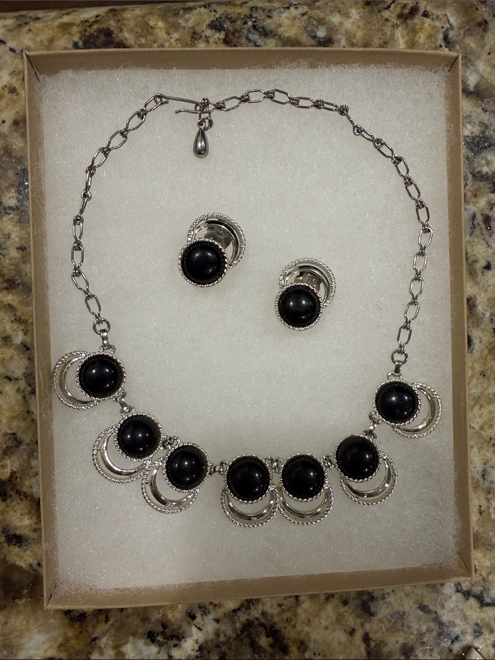 Vintage MCM 1959 Sarah Coventry Black Cabochon Necklace and Clip-on Earring set
